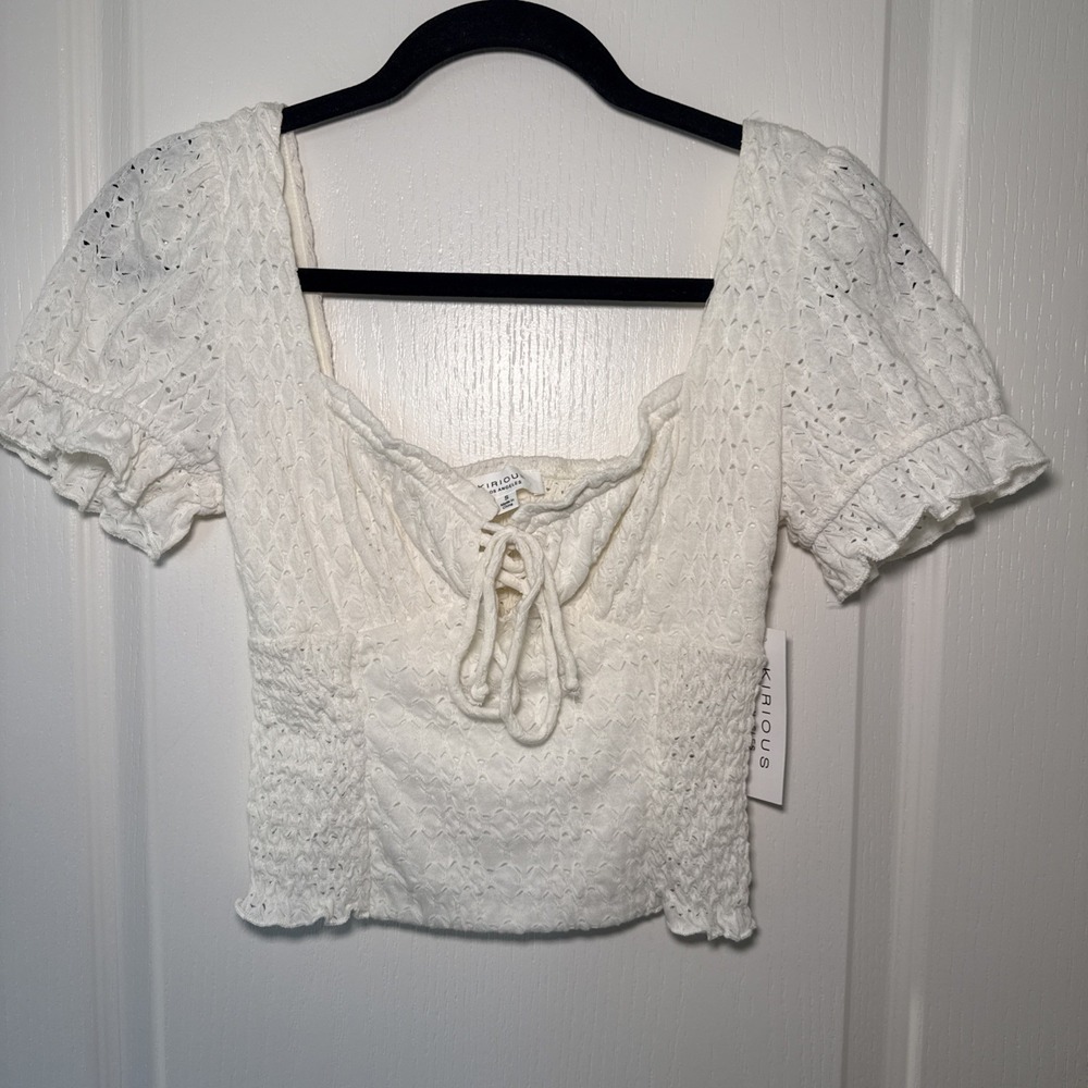 Kirious LA Cream Eyelet Smocked Top Puff Sleeve Tie Front Cottagecore Sz S NWT